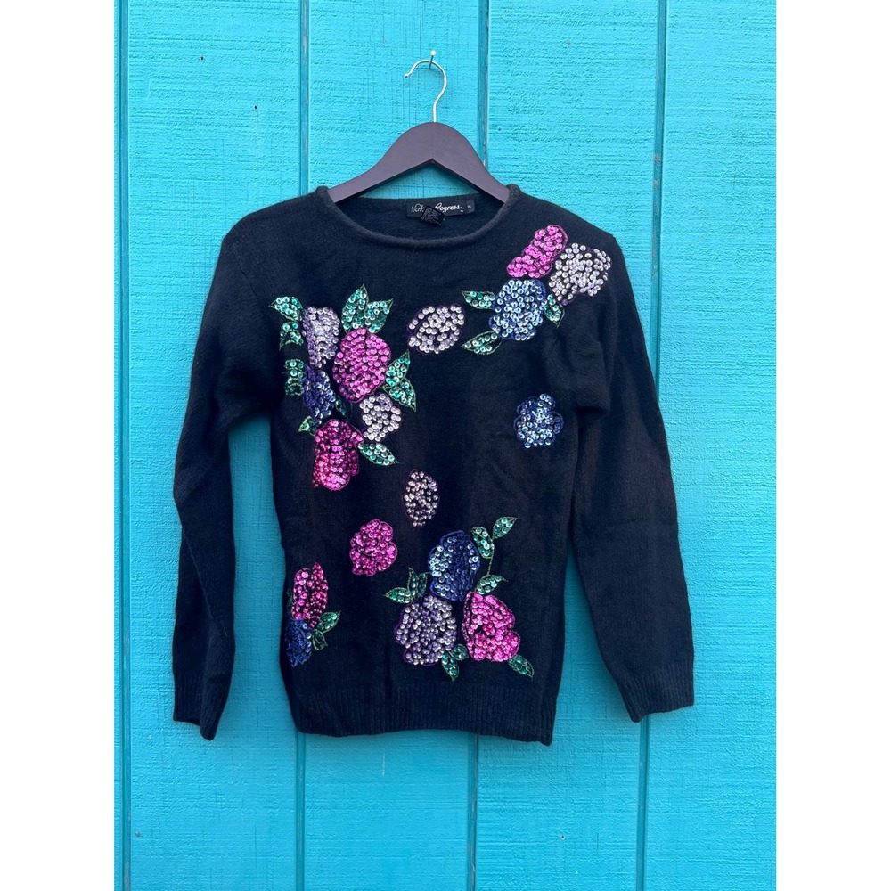 Work in Progress Black Sequin Floral Embellished Sweater M Silk Angora Wool‎ vtg